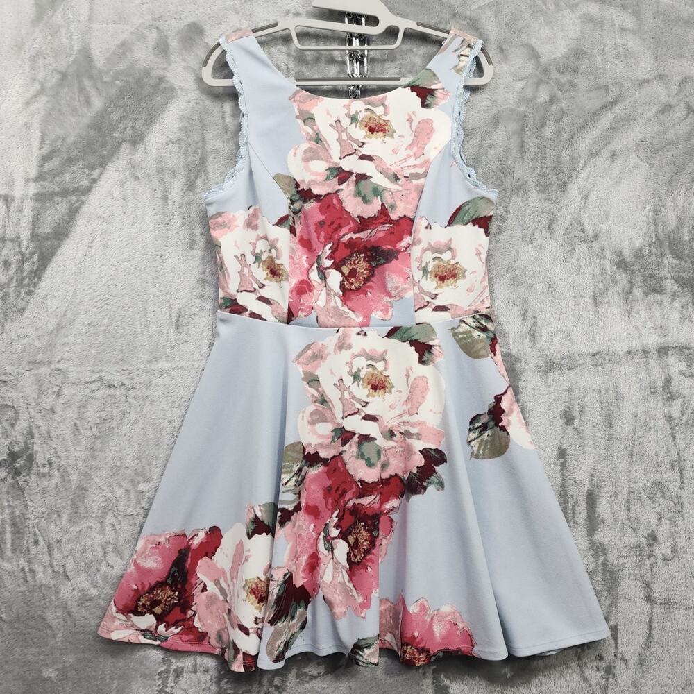 City Studio Dress Womens 13 Juniors Gray Pink Floral Sleeveless Lace Trim Skater